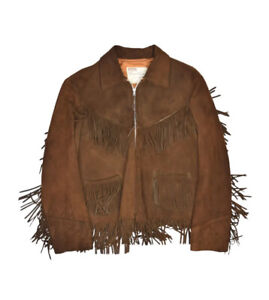 Vintage Montcomery Ward Fringe Leather Jacket Womens S Brown Western Cowgirl 16