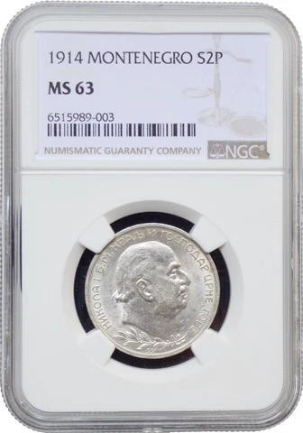 Montenegro 2 perpera 1914, NGC MS63, "King Nikholas I (1910 - 1918)" Cover