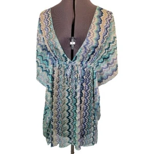 Becca by Rebecca Virtue Blue Purple Gray Print Sheer Swimwear Coverup M/L - Picture 1 of 9