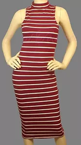 Burgundy white striped mock neck cut sleevless sexy dress - Picture 1 of 4