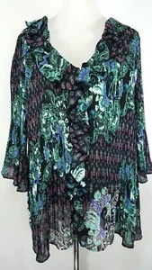 Roaman's Shirt Size 20 Button Down Black Crinkle Paisley Blouse Ruffle V-Neck - Picture 1 of 6