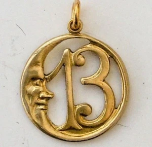 LUCKY 13 Crescent Moon Pendant Charm. Gold Tone.  Retro Vintage style Good Luck. - Picture 1 of 7