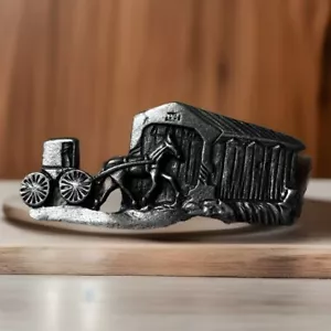 Pewter AMISH Lapel Brooch Pin, HORSE & BUGGY, COVERED BRIDGE, Pennsylvania Ohio - Picture 1 of 7