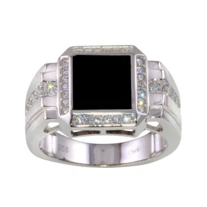 Anillo Cuadrado De Plata Esterlina Para Hombre Con Piedras De Ónix Y Circonita - Imagen 1 de 3