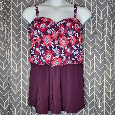 Denim & Co Traje de Baño 16 Cuello Corazón Blusa Vestido de Baño Vino Profundo Floral QVC Foto 1 de 4