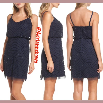 NUEVO Vestido Blusa Adrianna Papell Lentejuelas Malla Azul Marino/Negro [Talla 8] #N171 Foto 1 de 4