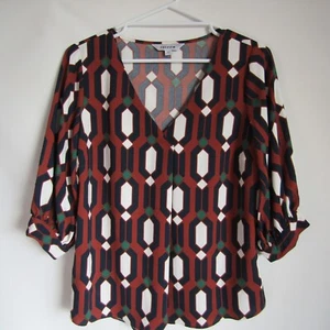 Preview 12 Brown Black White & Green Geometric Print Blouse 3/4 Sleeves - Picture 1 of 5