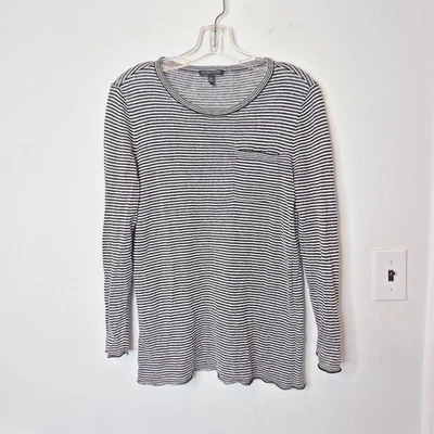 Eileen Fisher Petite Medium Black White Striped Cotton Linen Blend Knit - Image 1 of 4