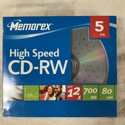 Memorex High Speed CD-RW Rewritable CD's Slimline Cases 5 Pack 80 Min NEW SEALED - Image 1 of 2