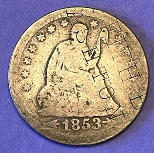 1853 Arrows & Rays Seated Liberty Quarter 25c Counterstamped "Keith B Ashton” - Picture 1 of 2