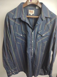 Ely Cattleman Herren Hemd XXL D. Blau Streifen Perlen Druckknöpfe 2 Taschen. 18,5x35 - Bild 1 von 6