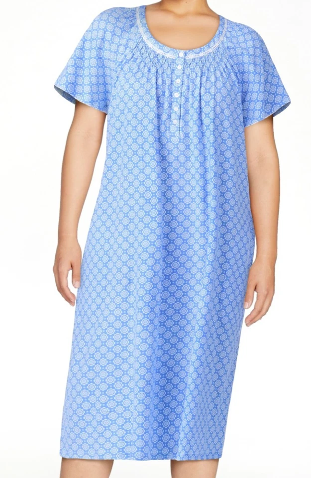 Women’s Aria Nightgown Raglan Sleeve Smocked Neck Cotton Blue 2X (18W-20W)