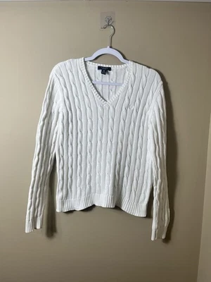 Suéter CHAPS Blanco Tejido con Cable Cuello en V Algodón Mediano Preppy Academia Minimalista Foto 1 de 4