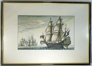 Navi da guerra olandesi Naves Bellicae Hollandicae acquaforte colorata a mano dopo W. Hollar  - Foto 1 di 12