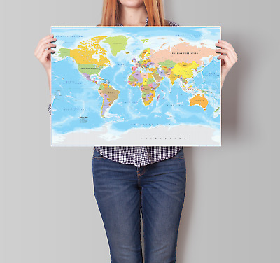 Laminated World Map  Print Poster Atlas Wall Chart A1 A2 A3 Free Postage • 5.99£
