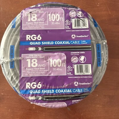 NEW Southwire Coax Cable, 100 ft, 18 AWG, RG6 Quad Shield, Black Wire - Image 1 of 2