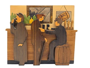 VINTAGE HANDMADE 3-D PUCKANE IRISH BAR SCENE WOOD ART WALL DECOR - Picture 1 of 14