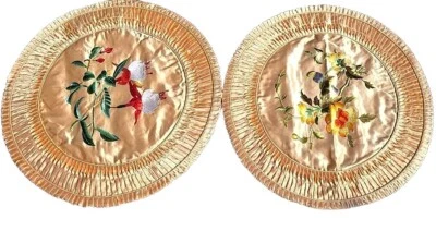Juego de 2 fundas de almohada redondas de satén de seda vintage bordadas estilo Bai Hua Bunka Foto 1 de 4