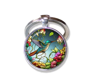 FAUX Vitral Colibrí - Hecho a mano REDONDO Vidrio Colgante Llavero Llavero - Imagen 1 de 7