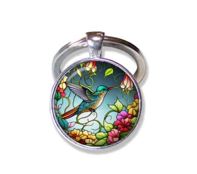 FAUX Vitral Colibrí - Hecho a mano REDONDO Vidrio Colgante Llavero Llavero Foto 1 de 3
