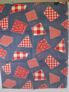 Patchwork Fabric Red Checkerboard & Paisley Patches Blue Background  - Picture 1 of 11