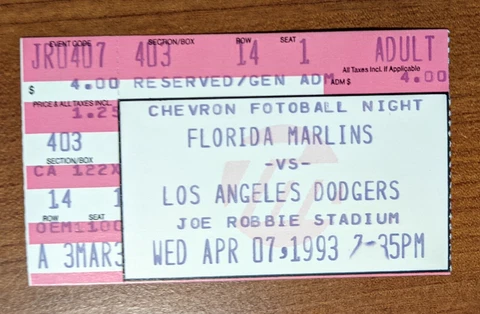 Miami Florida Marlins Ticket Stub 04-07-93 vs Dodgers Joe Robbie Stadium - Lot 2 Cover