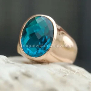 Solid 925 Sterling Silver Sky Blue Topaz Zircon Oval Gemstone Mens Ring Jewelry - Picture 1 of 12