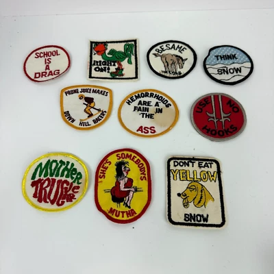 Vintage 70s Embroidered Patch LOT OF 10 Sew-Ons Novelty Funny Joke Yellow Snow - Image 1 of 4