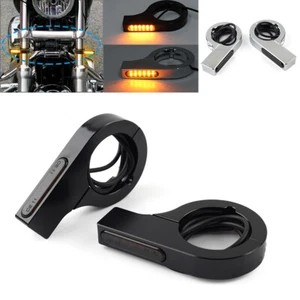Chrome Motorcycle LED Fork Turn Signal Light Indicator Amber For Harley Suzuki - Picture 1 of 11