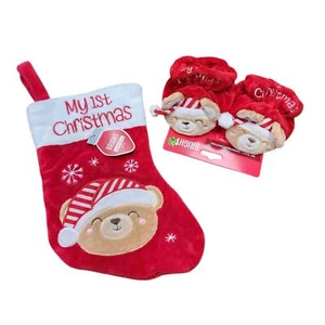 First Christmas Infant Baby Stocking and Teddy Bear Booties Slippers 0-6 Months - Picture 1 of 6