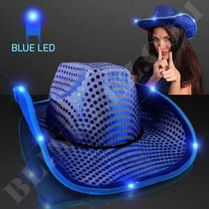 BLUE Sequin Cowboy Hat with Flashing BLUE LED Brim - Picture 1 of 4