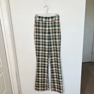 NWT Nasty Gal Womens High Waisted Wide Leg Check Trousers Beige Green Size 0 - Picture 1 of 7