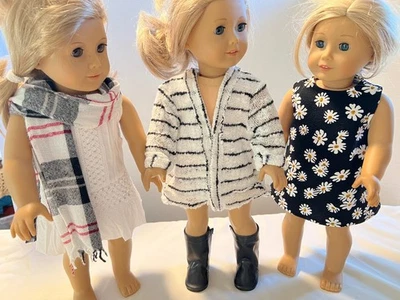 2 vestidos, suéter, bufanda, botas negras altas hechas para muñeca American Girl de 18" Foto 1 de 4