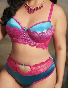 Aqua Blau 2nd Skin Satin & Hot Pink Spitze BH & Höschen Dessous Set PLS 4X NEU - Bild 1 von 6