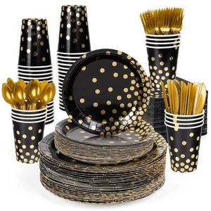 336PCS Black and Gold Disposable Dinnerware Set Serves 48, Black Paper Plates... - Picture 1 of 9