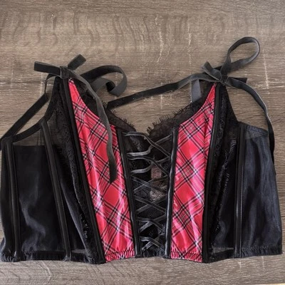 Victorias Secret Dream Angels Unlined Lace-Up Corset Top XL black Plaid NEW - Image 1 of 4