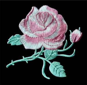 iron on applique pink/green color rose 3+3/8 x 3+1/4 inch - Picture 1 of 3