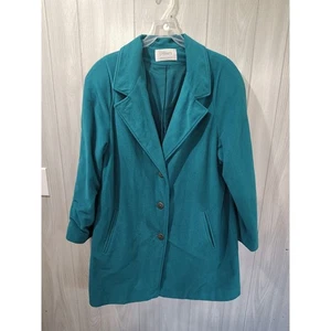 Wool Buttoned Oversized Coat Jacket Teal Green Size 16 Plus Vintage old money - Picture 1 of 7