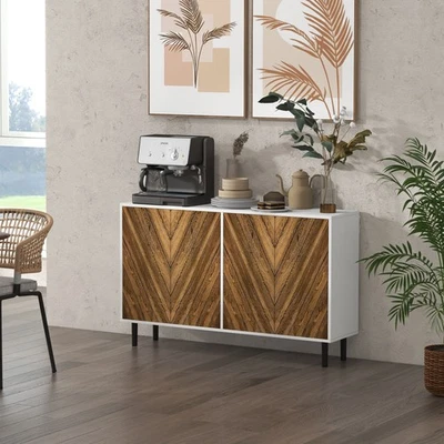 HOMCOM Sideboard Buffet Cabinet with Chevron Doors Pine Wood Legs Brown - Image 1 of 4