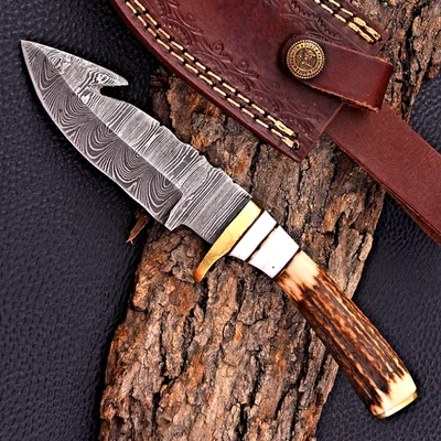 CUCHILLO DE CAZA DE ACERO DAMASCO FORJADO HECHO A MANO PERSONALIZADO MANGO DE CIERVO 2850 Foto 1 de 4
