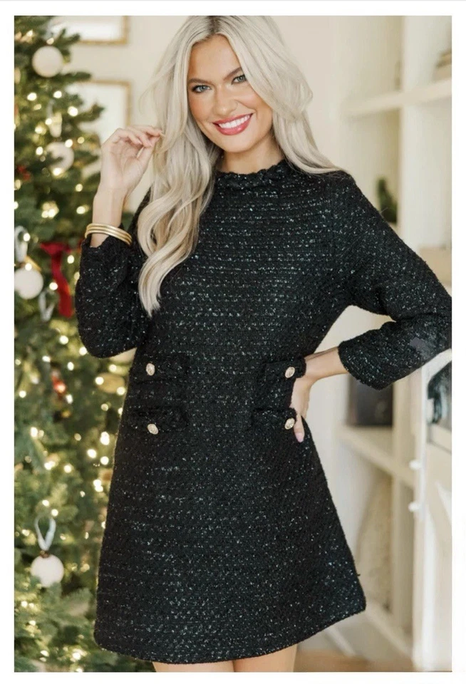 Black Tweed Jackie O Dress | Gold Buttons | Metallic Weave | L | NWT - Image 1 of 4