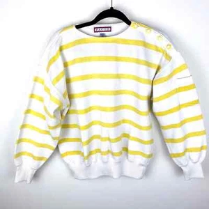 Vintage gelb gestreiftes Sweatshirt mit Rundhalsausschnitt Blumenknöpfe Größe S gebraucht, in einwandfreiem Zustand - Bild 1 von 6