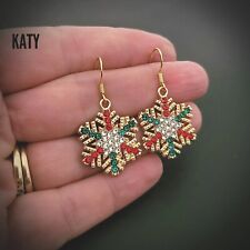 Christmas Earrings Gold Tone Stamped Hook Red Green Crystal Snowflake Star Gift 