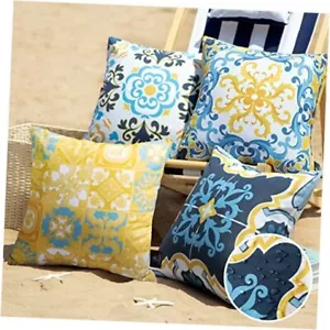 Set of 4 Outdoor Waterproof Throw Decorative Pillow 18''x18'' Navy/Blue/Yellow - Picture 1 of 7