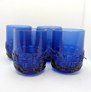 Set of 4 LE SMITH Cobalt Blue Basketweave Glass Tumbler Highball Water Glasses - Picture 1 of 6