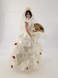 Vintage Marin Chiclana Flamenco Tänzerin 8 Zoll Puppe Spanien weißes Kleid rote Punkte Fächer - Bild 1 von 7