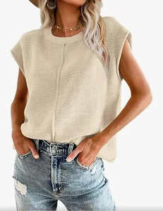 OFEEFAN Sweater Vest for Women Cap Sleeve Tops Knit Lightweight Sweaters Large - Picture 1 of 4