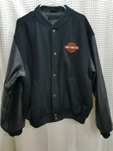 Harley Davidson Wool Leather Motorcycle Varsity Bomber Jacket Black Large EUC - Picture 1 of 12