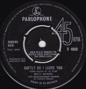 Matt Monro - Softly As I Leave You (Parlophone, 1962) 7" vinyl single VG/- - Imagen 1 de 5