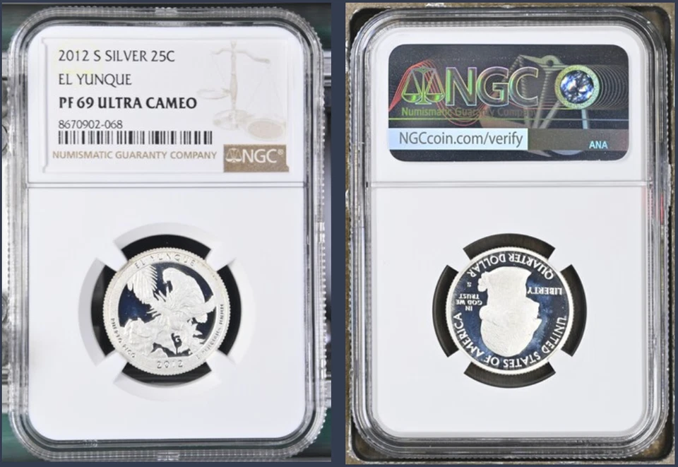 SILVER PF69 ULTRA CAMEO S MINT EL YUNQUE WASHINGTON QUARTER GRADED NGC 25C COIN - Image 1 of 1